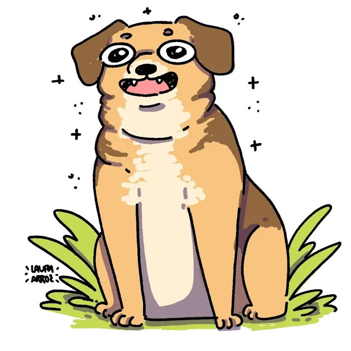 Illustration of Remo, a smiling brown dog sitting in the grass