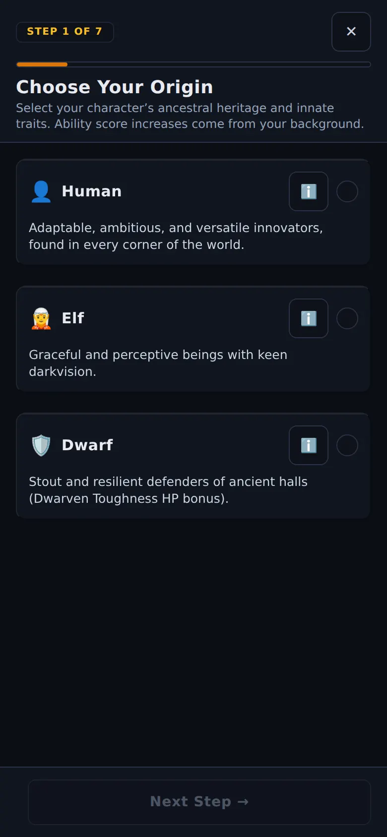 Character creator, step 1 of 7: choose your origin