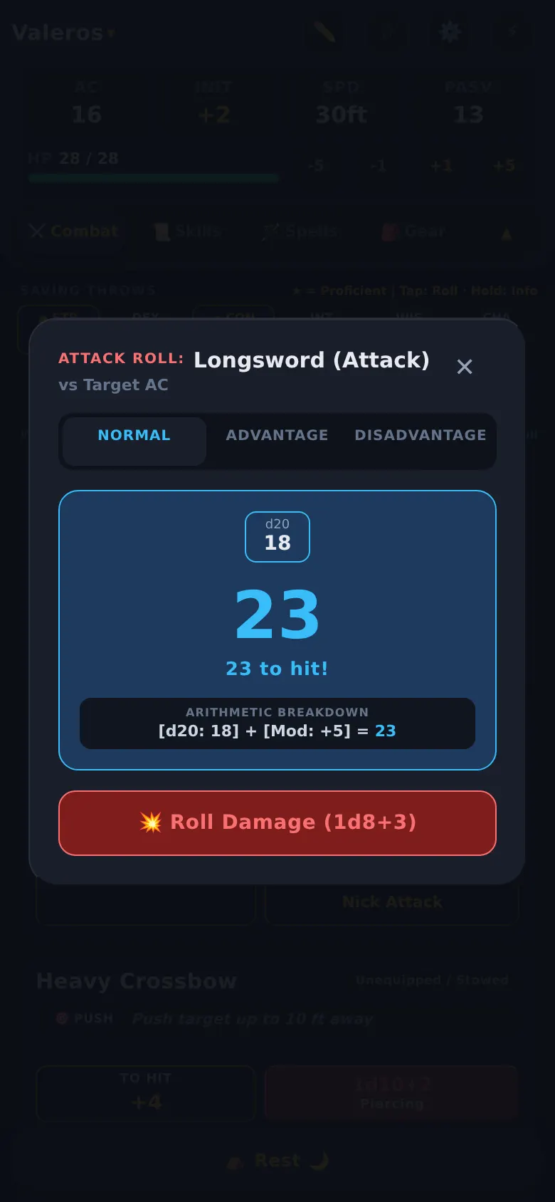Attack roll result with arithmetic breakdown