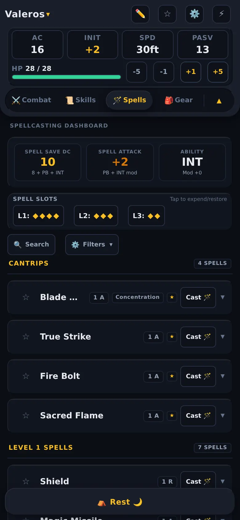 Spellcasting dashboard with spell slots and cantrips